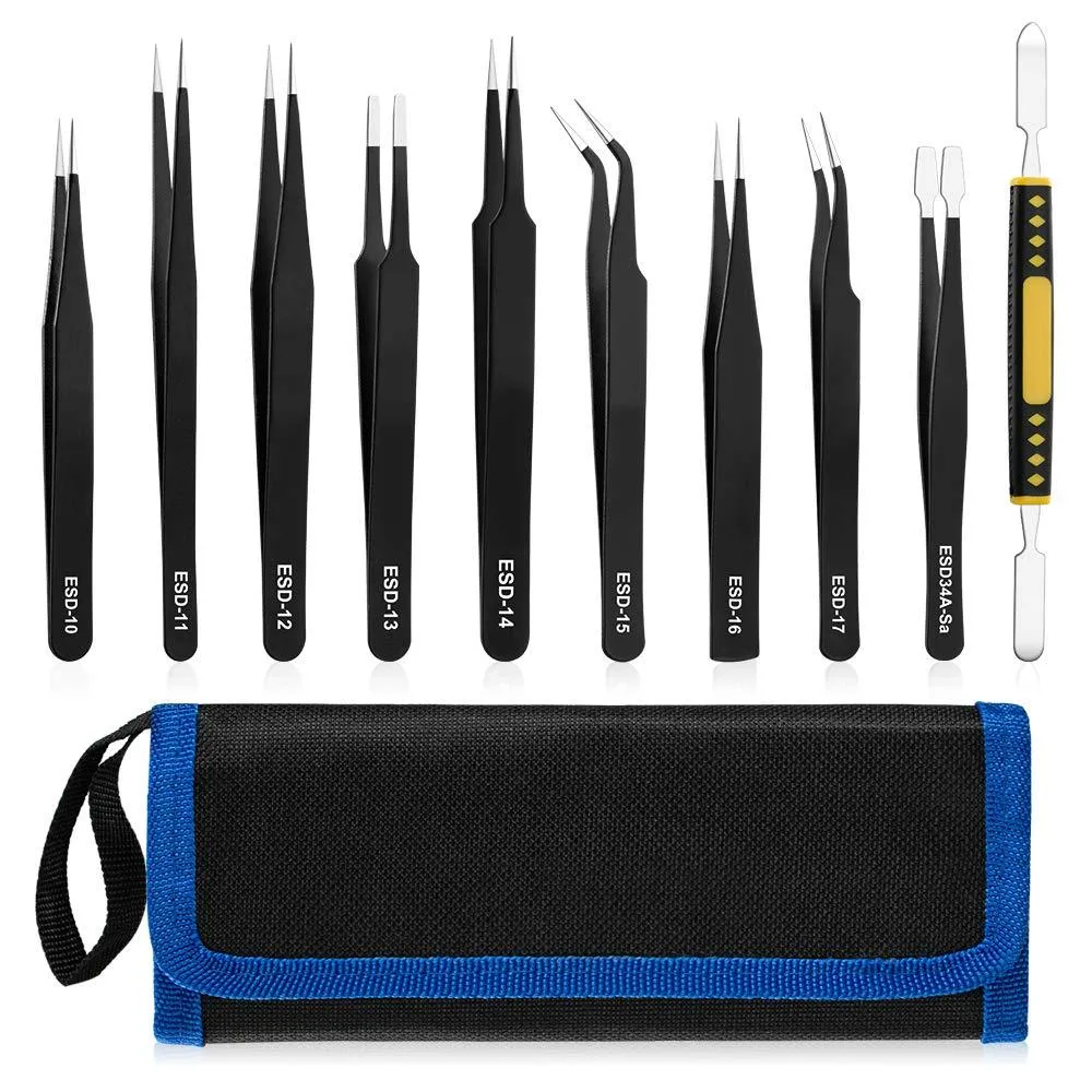 Set of ten stainless steel tweezers with storage bag