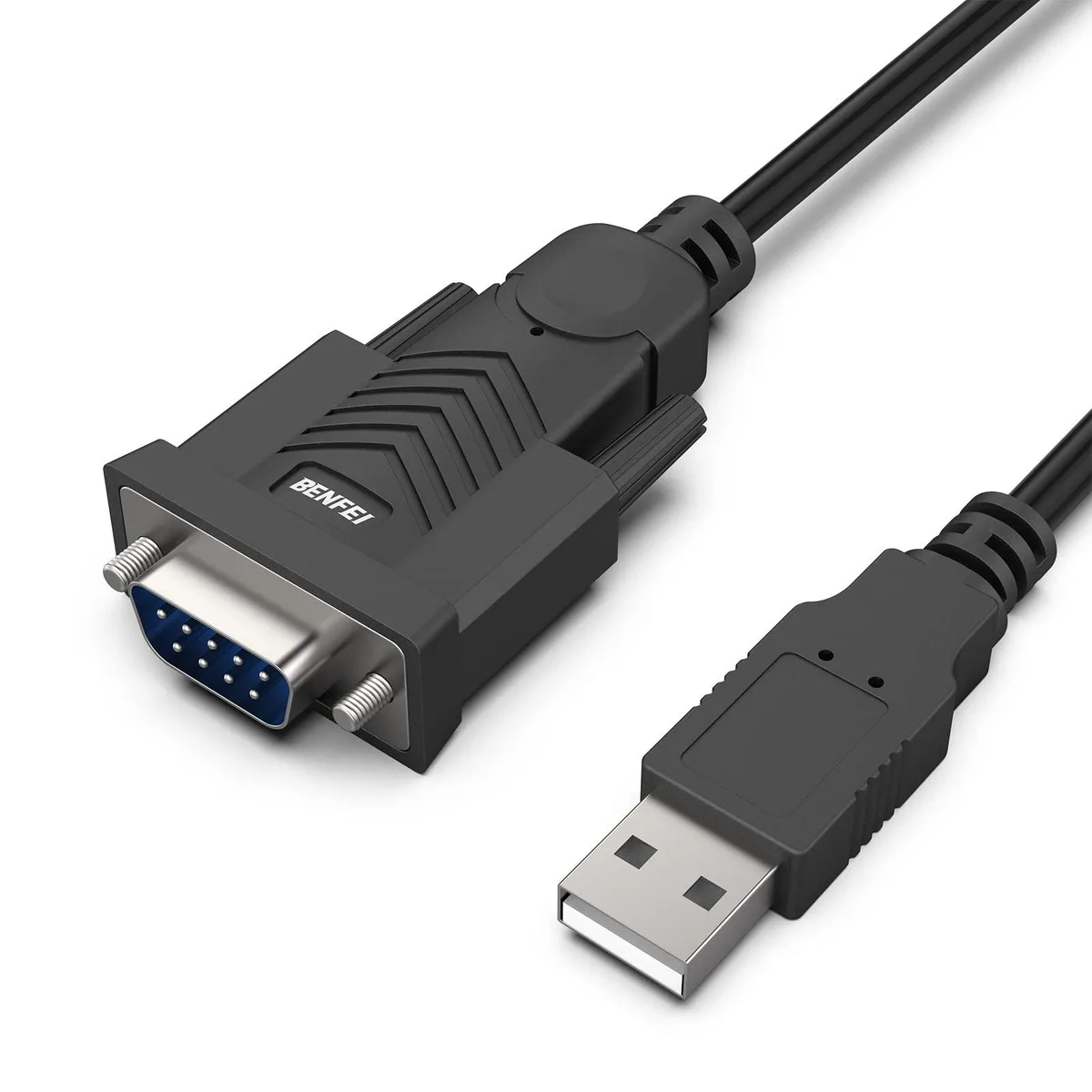 Black USB-A to DB9 serial cable with moulded connectors and thumbscrews