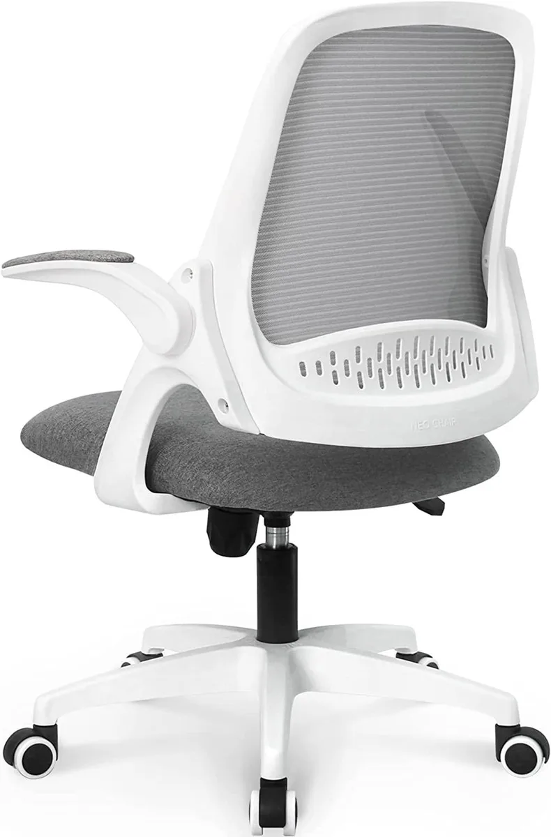 Grey mesh office chair with flip-up armrests, adjustable headrest and five-star wheel base