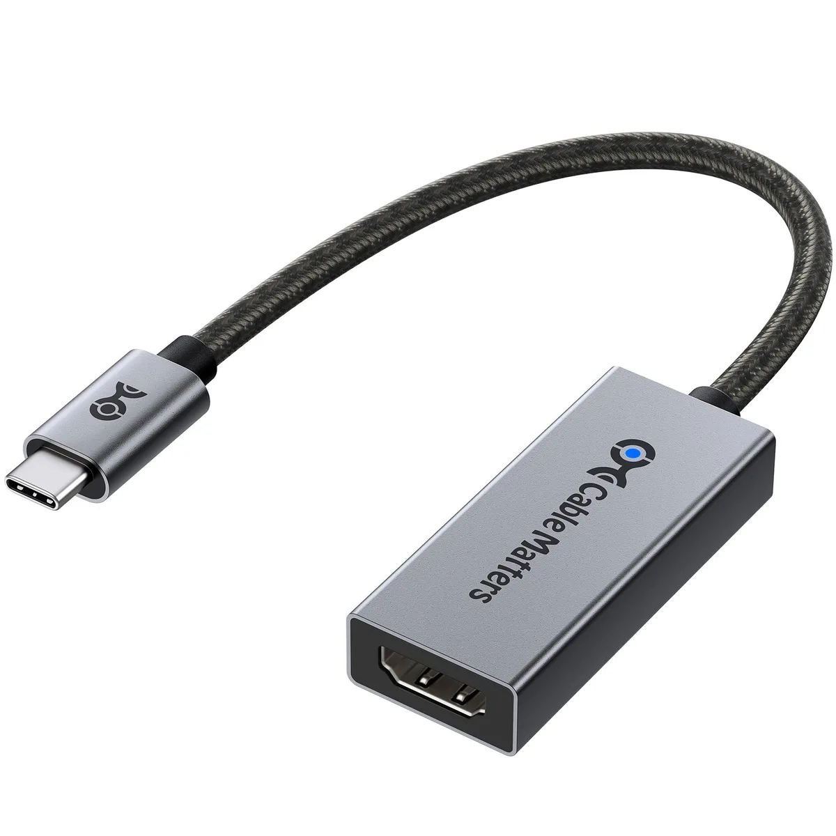 Gray USB-C to HDMI 2.1 adapter, compact form factor, matte finish