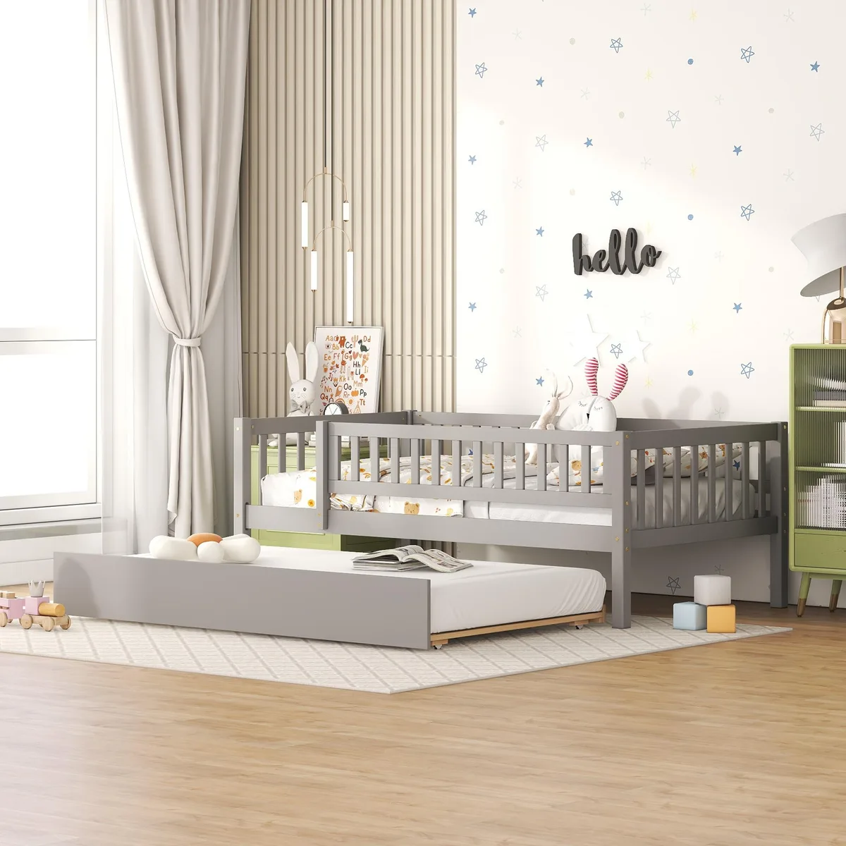 tuphen tuphen Twin Size Wood Daybed with Trundle and Fence Guardrails, Gray — product photo