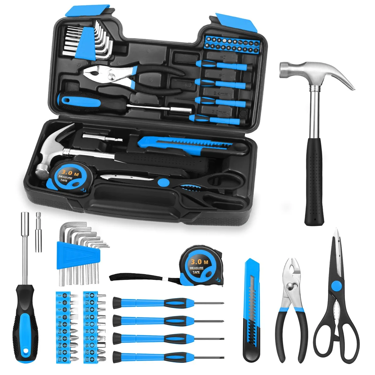 Blue plastic toolbox containing 39-piece Klein Tools kit with hammer, screwdriver bits, hex keys, pliers, tape measure, utility knife