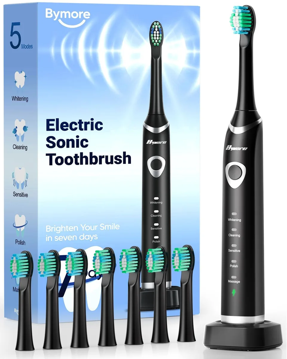 Black sonic toothbrush handle with USB-C charger and eight brush heads