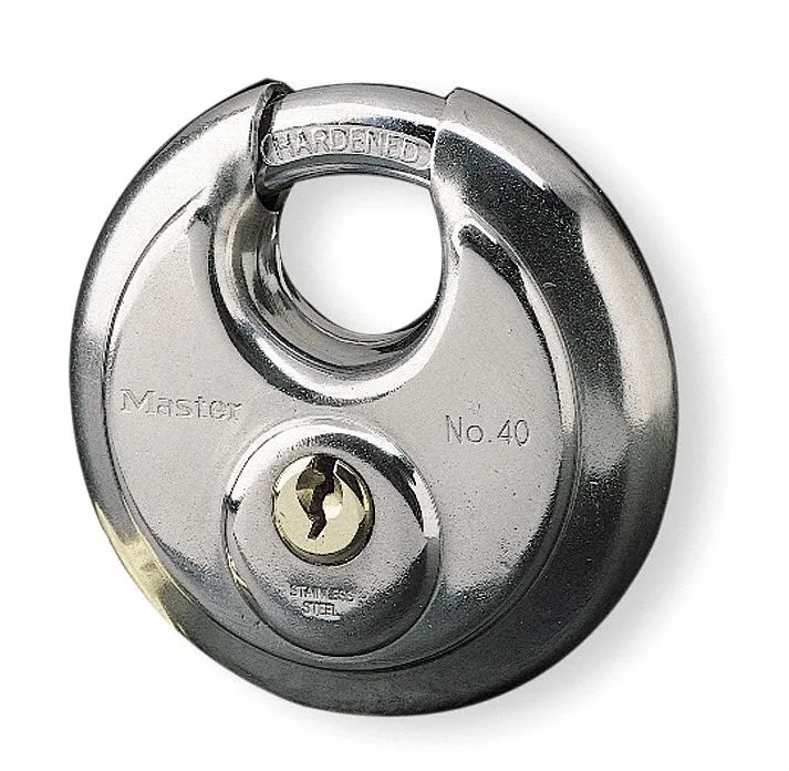 Silver stainless steel disc padlock with partially hidden steel shackle