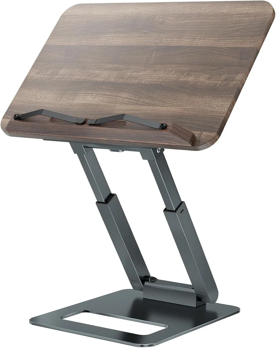 Gray telescopic book stand with aluminum base, elastic page clips, folded flat