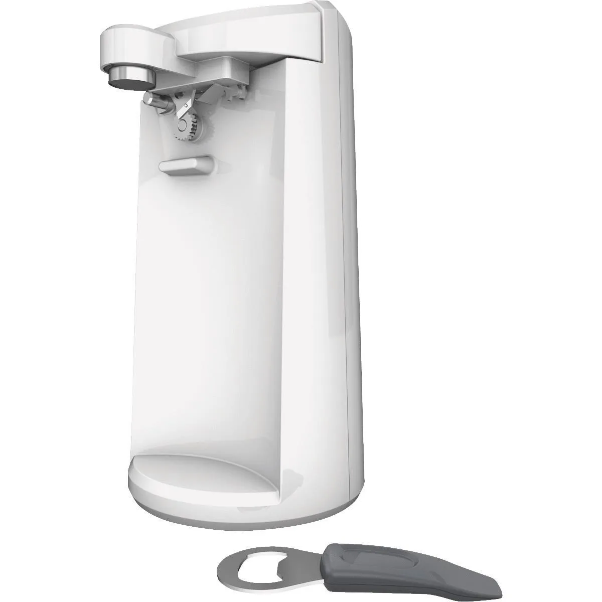 White electric can opener with tall plastic body and wide base