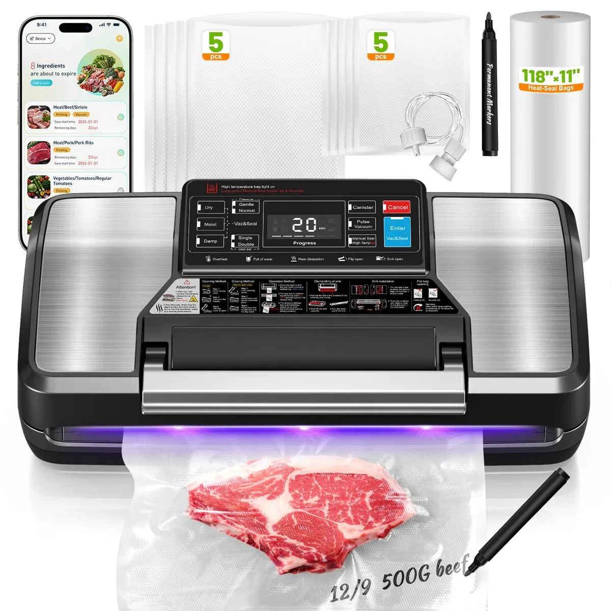  Gyreuni PD-619 95Kpa Vacuum Sealer 12-in-1 with 10 Bags &amp; 1 Roll — product photo