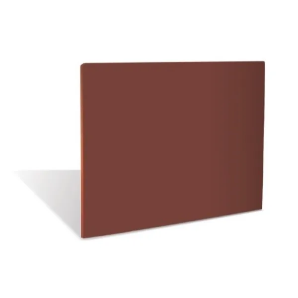 Rectangular brown polyethylene cutting board with silver edge trim, 15 by 20 inches