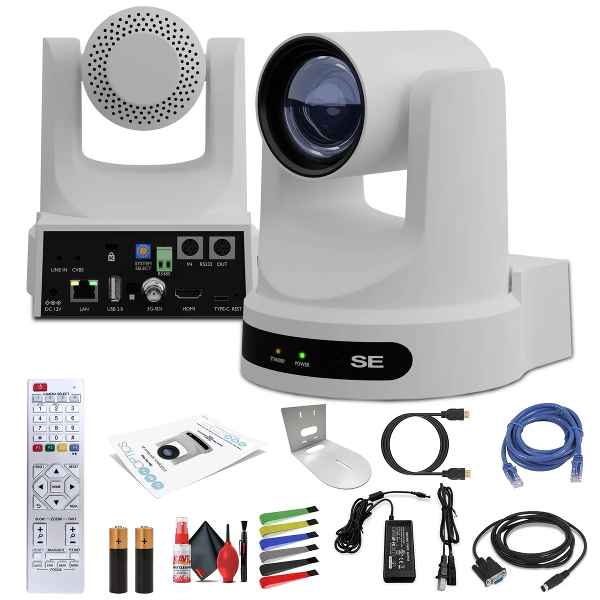 White PTZ camera with wall mount, rectangular body, front lens, matte finish