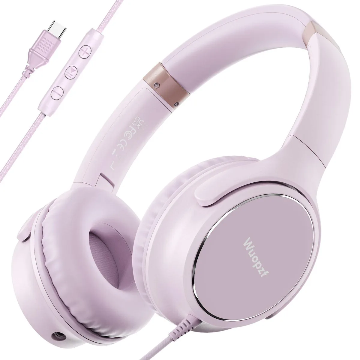 Pink over-ear headphones with USB-C cable, foldable headband, cushioned ear cups, in-line microphone and volume controls