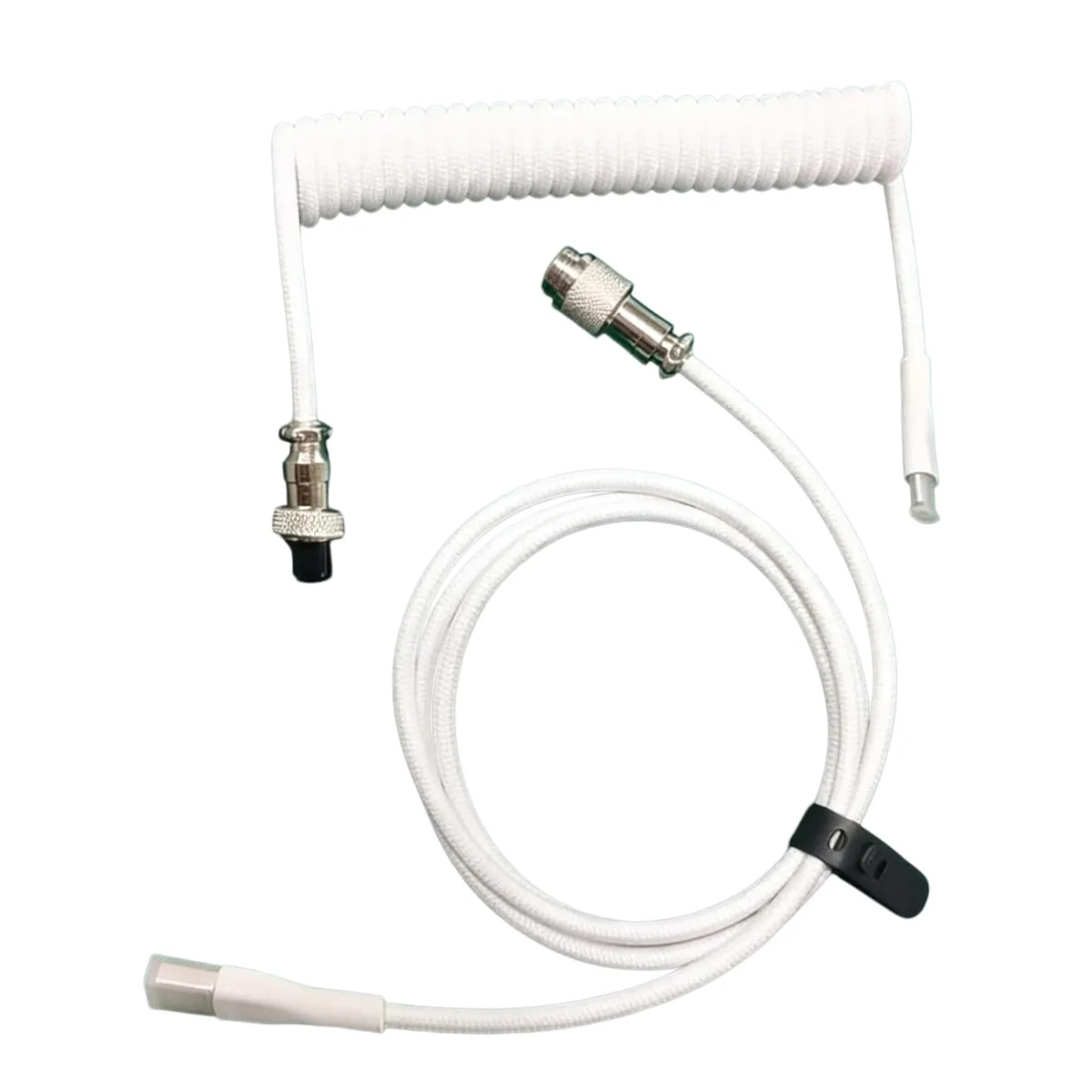 Coiled white USB-C to USB-A keyboard cable with metal aviator connector, double-sleeved nylon finish, 1.5 m total length