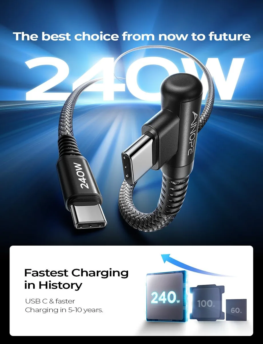 Kootion Kootion 240W USB C to USB C Cable 10ft Right Angle Black — product photo