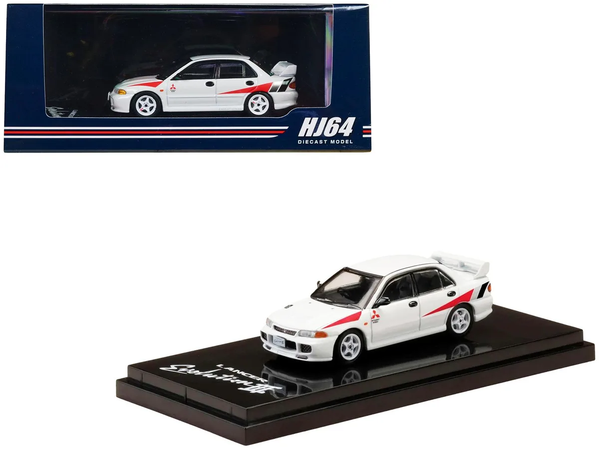 HOBBY JAPAN HOBBY JAPAN Mitsubishi Lancer Evo III RHD Scortia White Red Stripes 1/64 Diecast — product photo