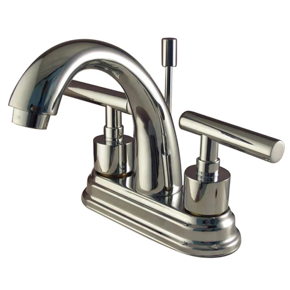 Polished chrome two-handle centerset faucet with brass pop-up and metal lever handles