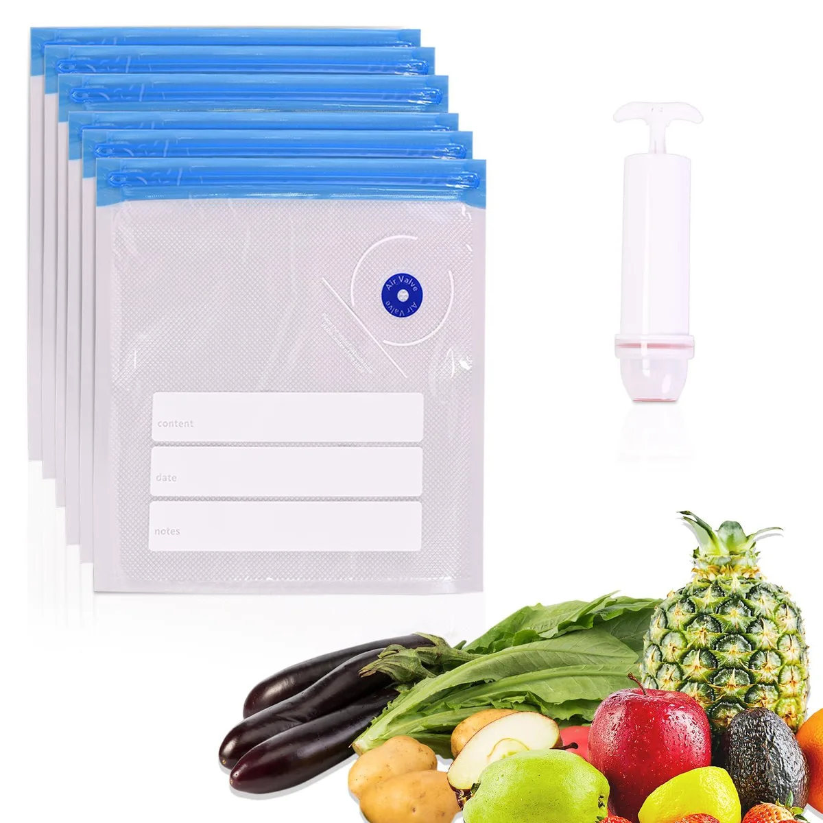 A stack of twenty clear plastic vacuum-seal bags with a hand pump, each bag showing a Devin Checks pattern and a double zipper closure