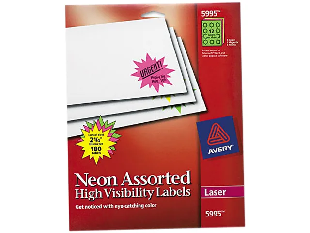 Avery Avery 5995 High-Visibility Labels, Assorted Neon, 2-1/4" Diameter, 180 Labels — product photo