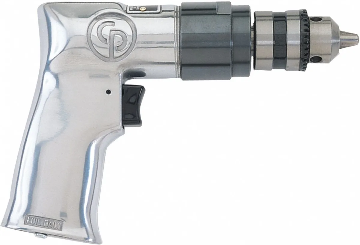Blue aluminium pneumatic pistol-grip drill with keyed chuck and trigger throttle