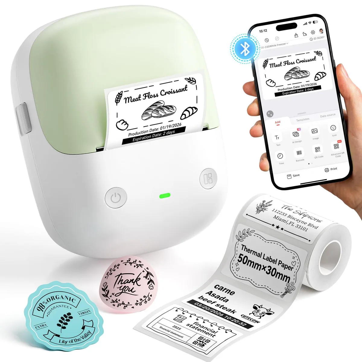 Compact green and white label printer with Bluetooth, 203 DPI thermal print head, weighs 352g