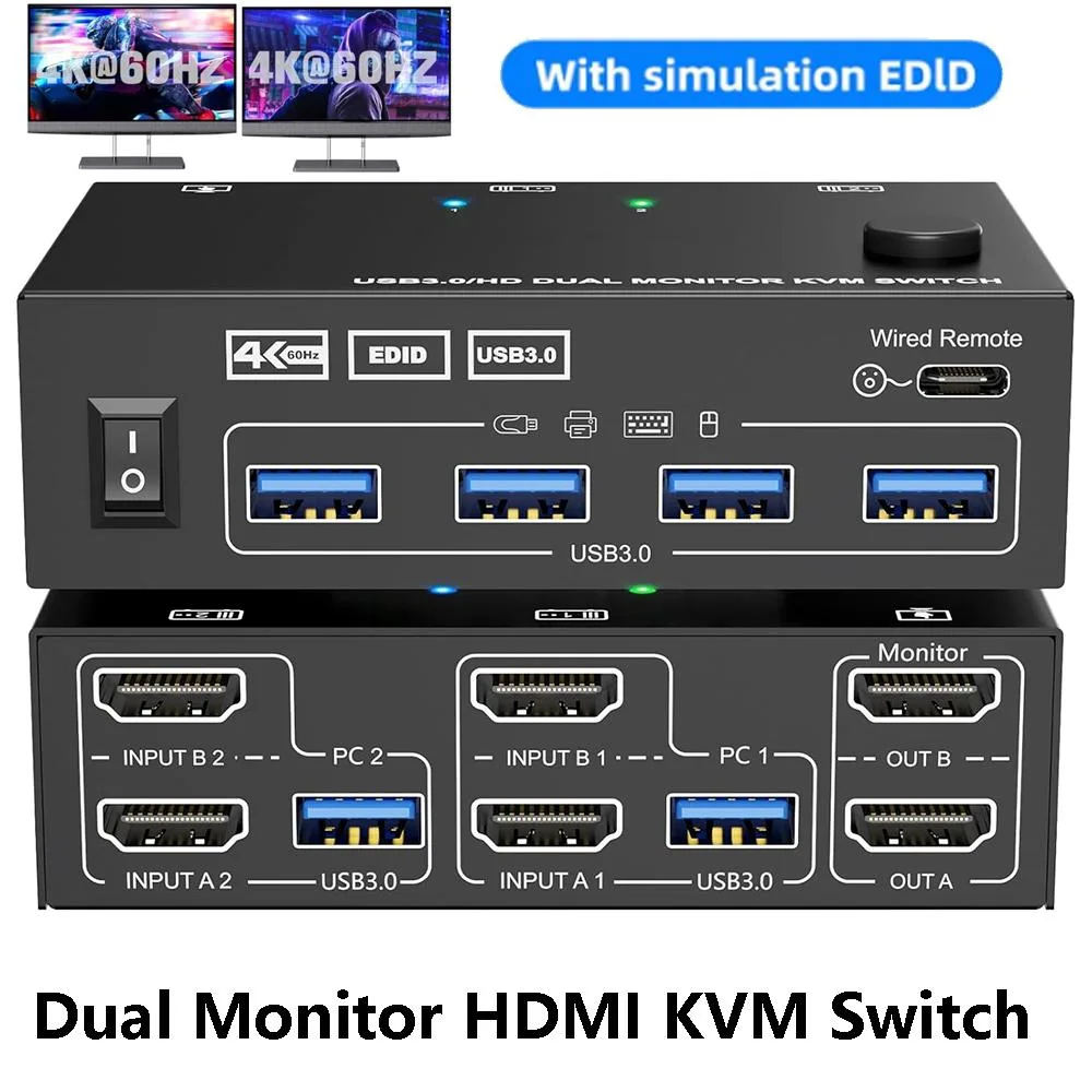 Hitoor Hitoor KVM202A Dual HDMI KVM Switch 2 Monitors 2 Computers 4K@60Hz 2K@144Hz Wired Remote — product photo