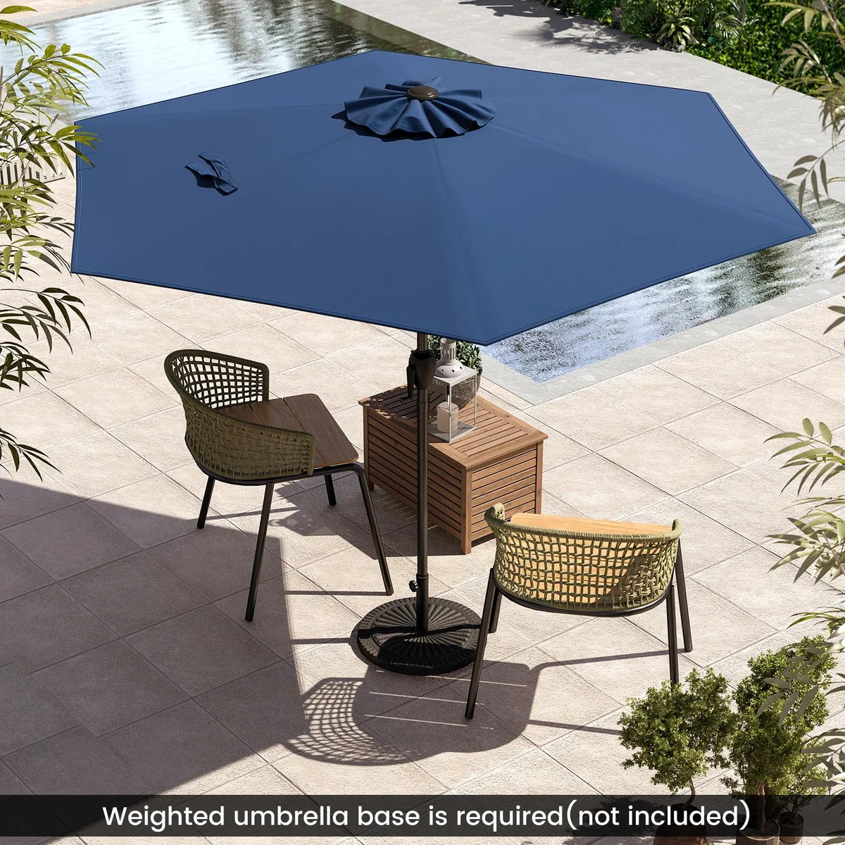 Navy 7.5 ft patio umbrella with push-button tilt, crank handle, air vent, two-section pole and metal ribs