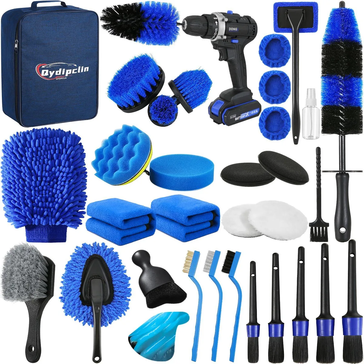 Blue 34-piece car detailing kit in storage bag with brushes, pads, towels and 17-inch wheel brush