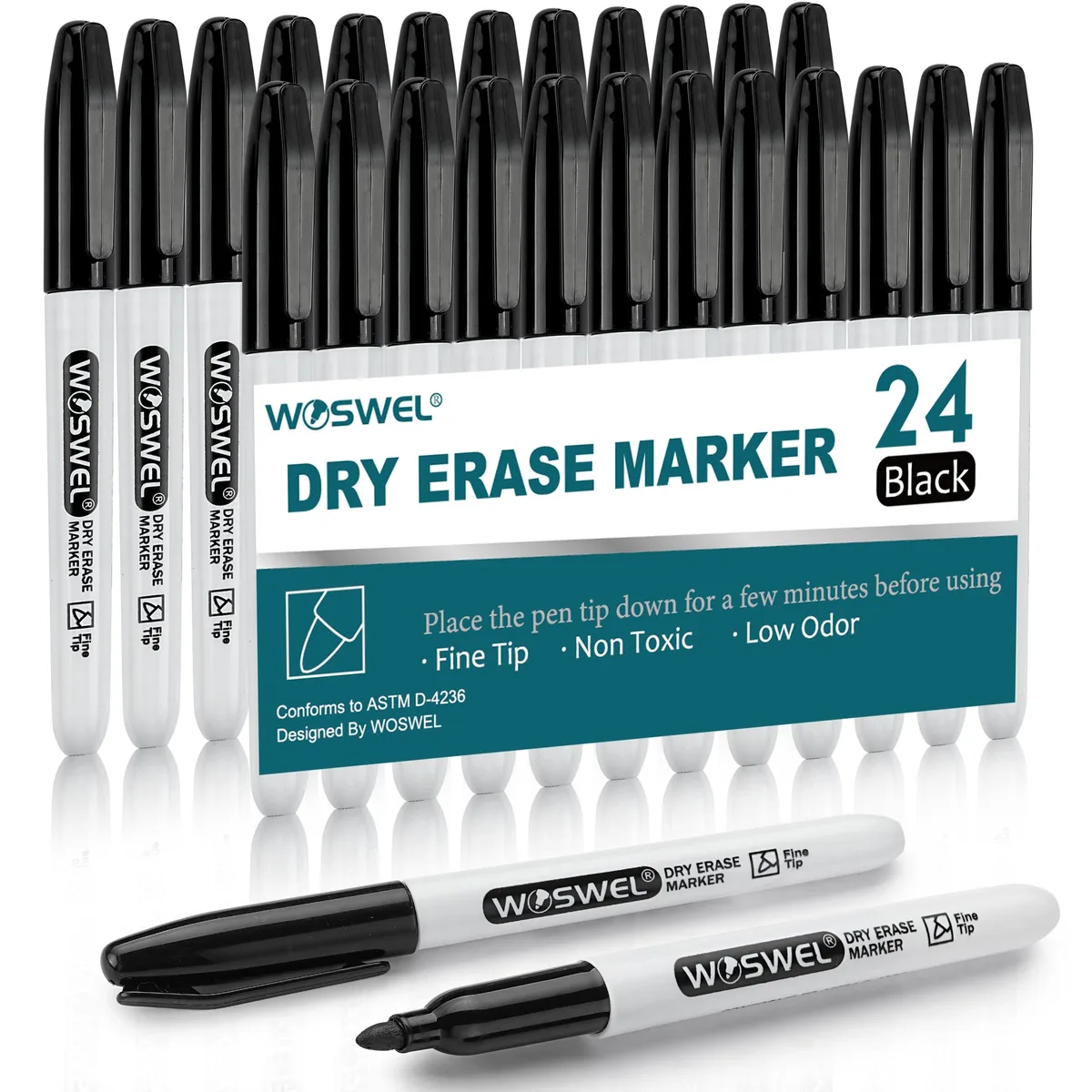 Box of 24 black dry-erase markers with fine tips