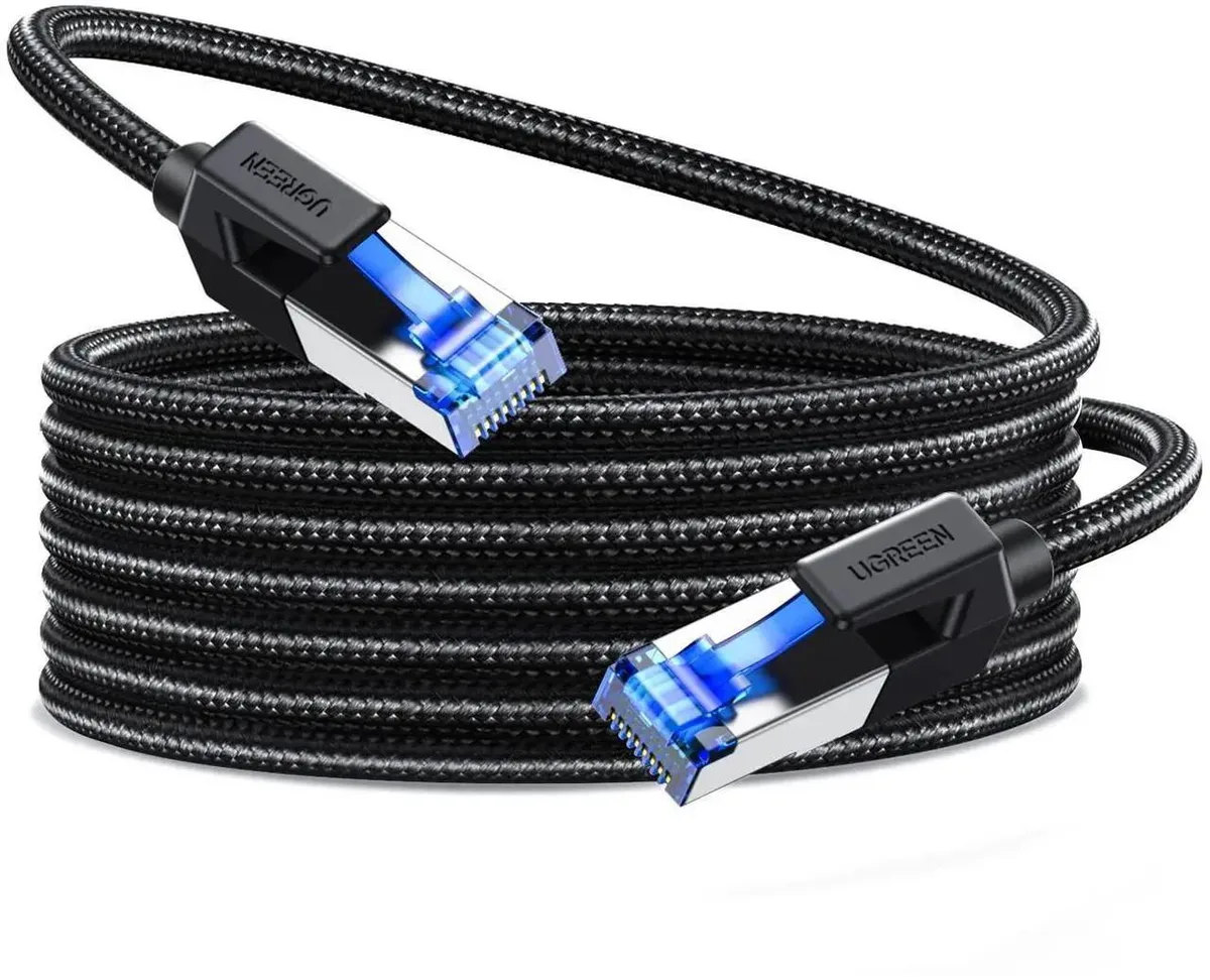 Flat braided Cat 8 ethernet cable with gold RJ45 plugs, 40 ft length