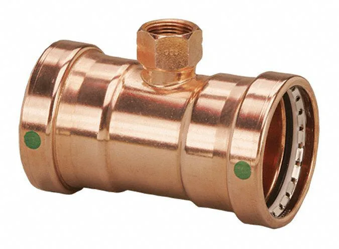 Copper press-fit tee with two 4 inch press ends and a 3/4 inch FNPT branch