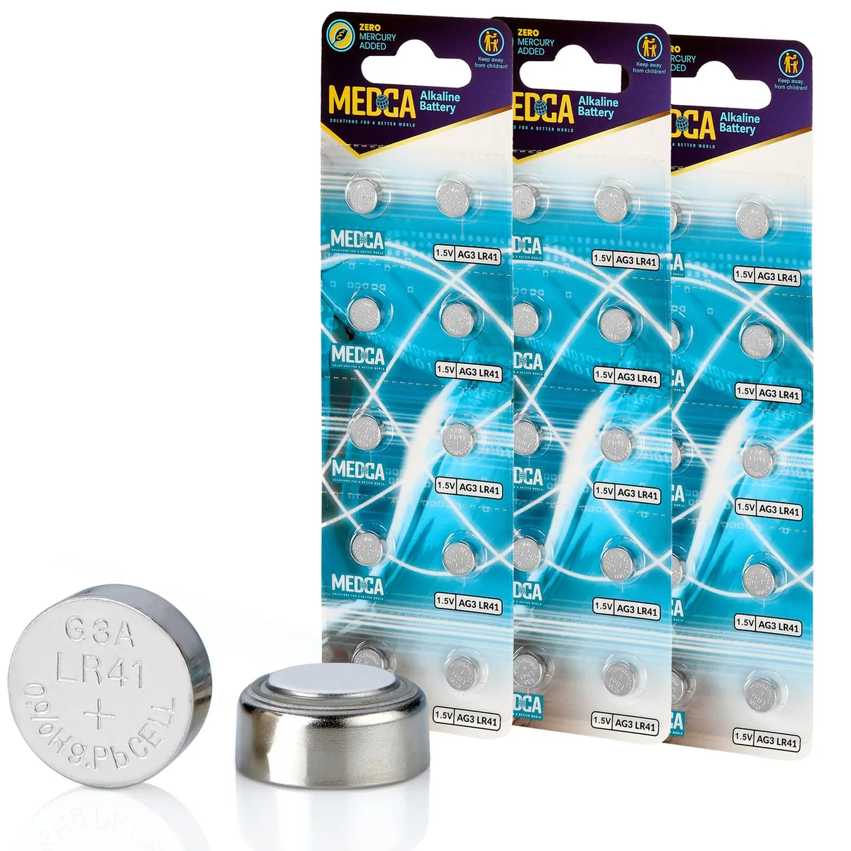 Thirty small silver coin batteries in a blister pack
