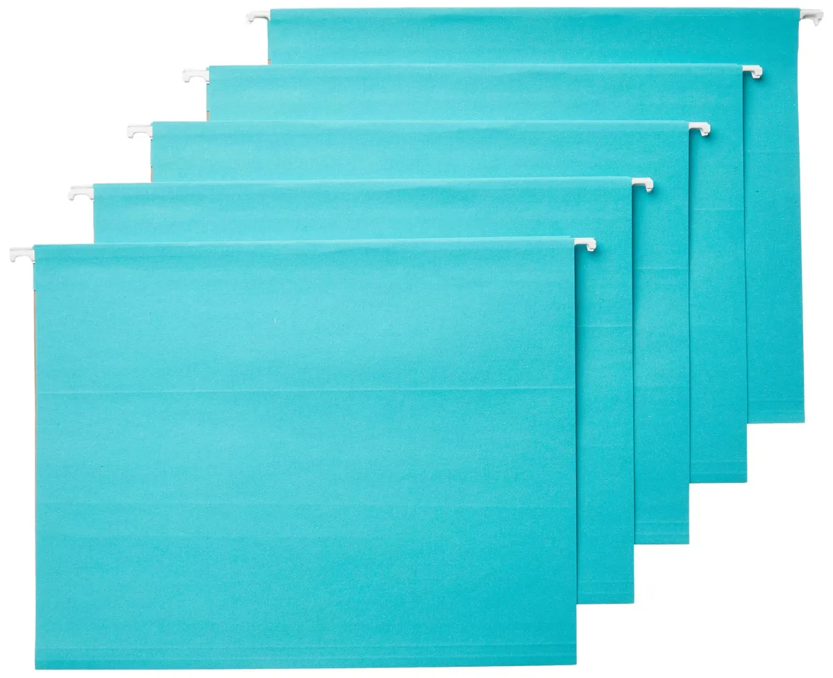Aqua hanging file folders with clear plastic tabs, 25 pack