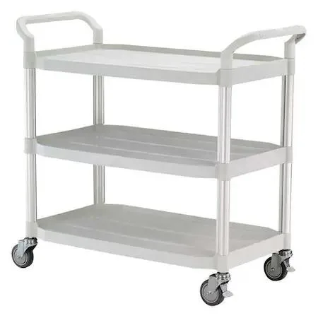 Three-shelf utility cart with dual raised handles and four-inch casters