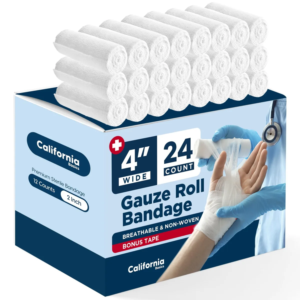 White gauze bandage rolls in a 24-count pack