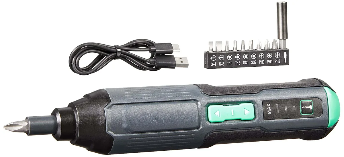 Blue plastic cordless stick screwdriver with LED light and 10-piece bit set