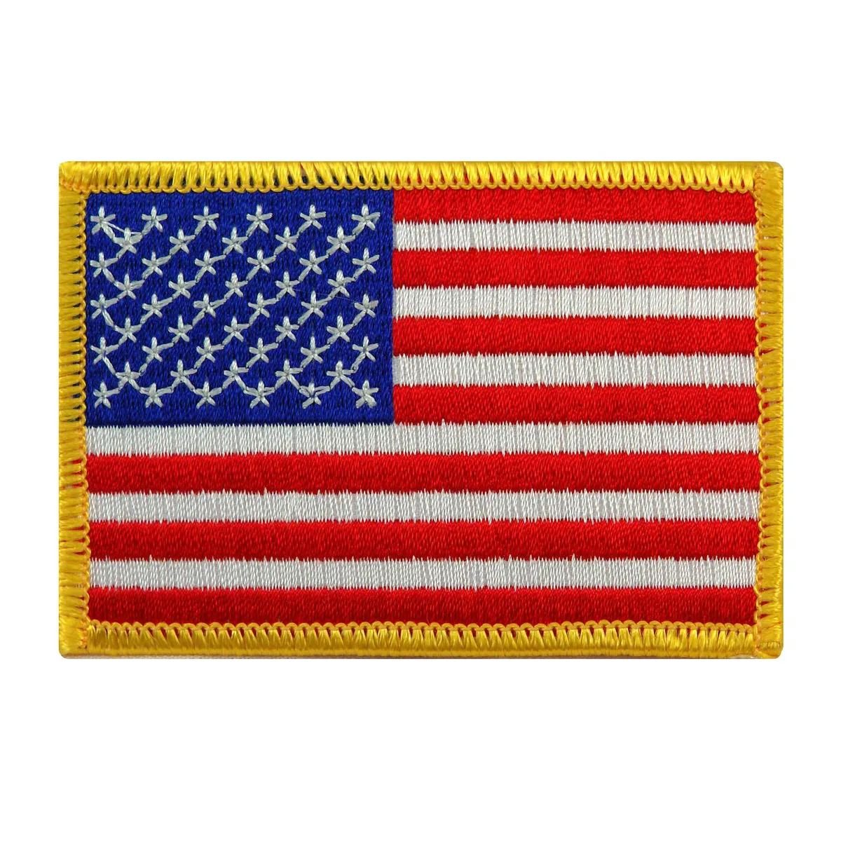 American flag embroidered patch with gold border, 3.5 by 2.5 inches, cotton fabric