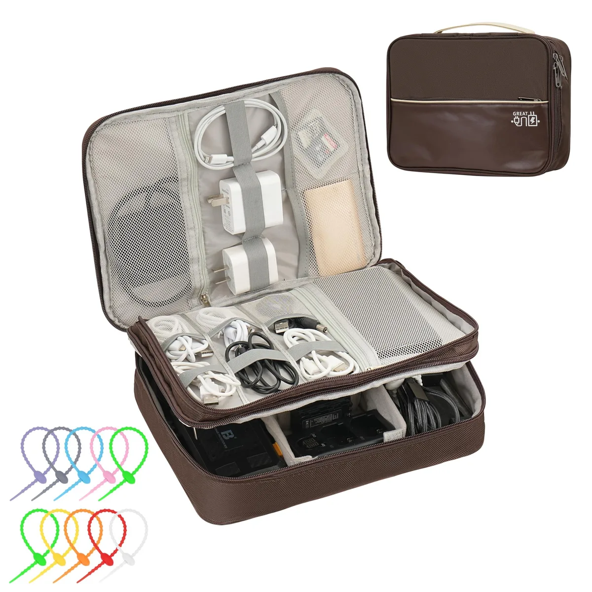 Brown rectangular electronics organizer bag with double zipper layers and carry handle