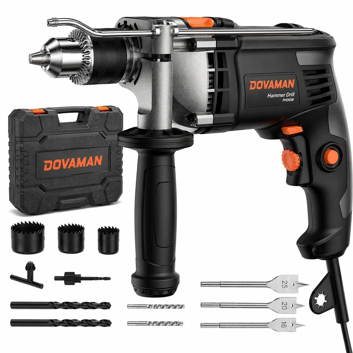 Yellow corded hammer drill with 1/2 inch metal chuck, side handle and carrying case