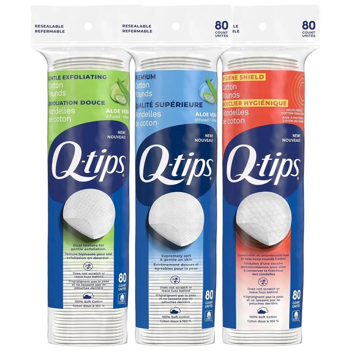 Three packs of white cotton rounds in clear plastic tubs, 80 each