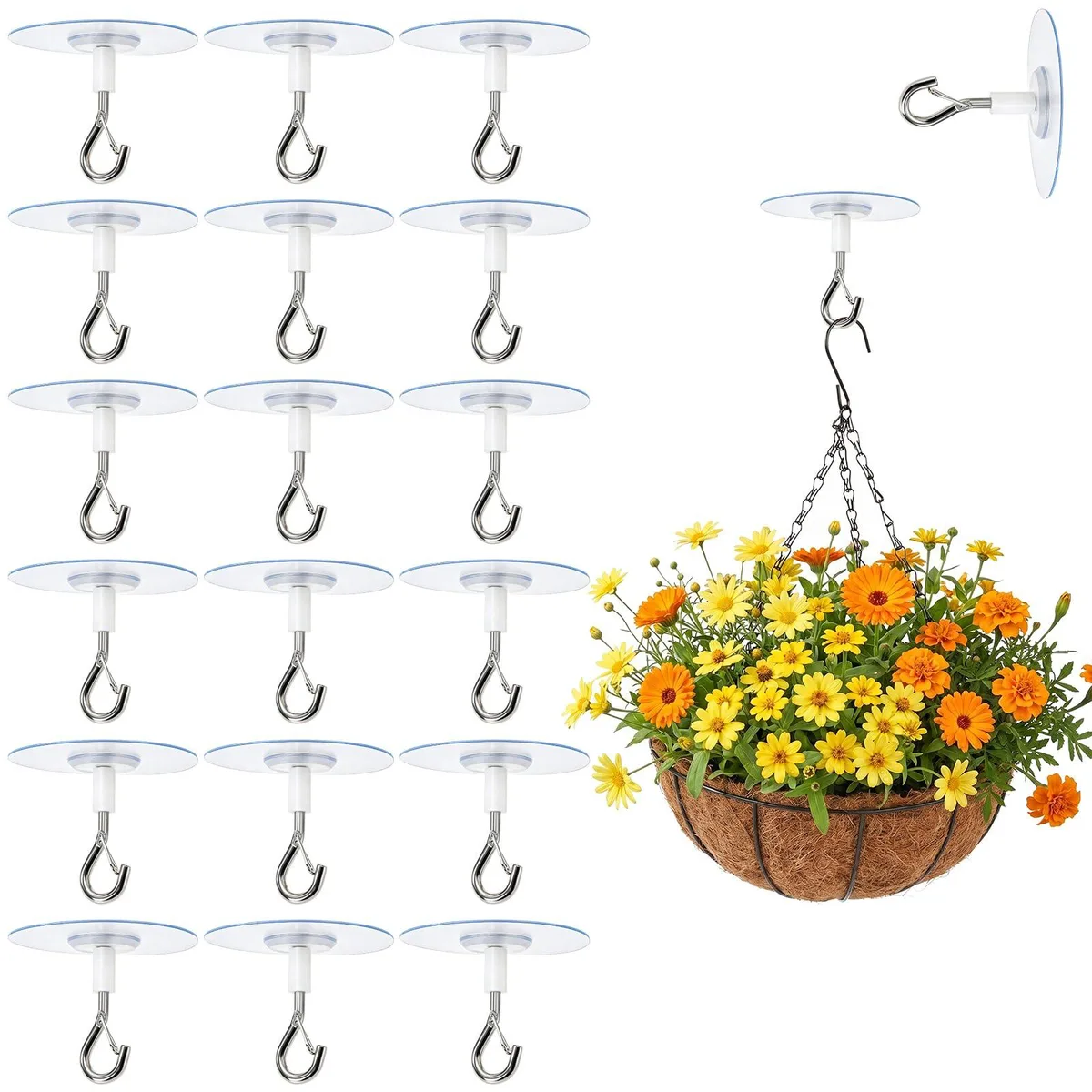 Twenty white adhesive ceiling hooks with metal eyelets and safety clasps on a backing sheet