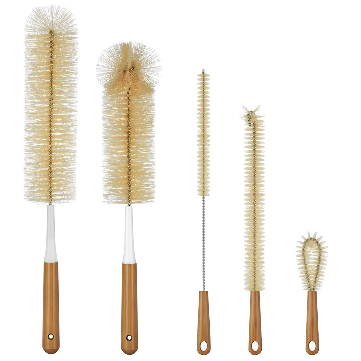 Set of five bamboo-handled cleaning brushes with wide bristles and hanging holes