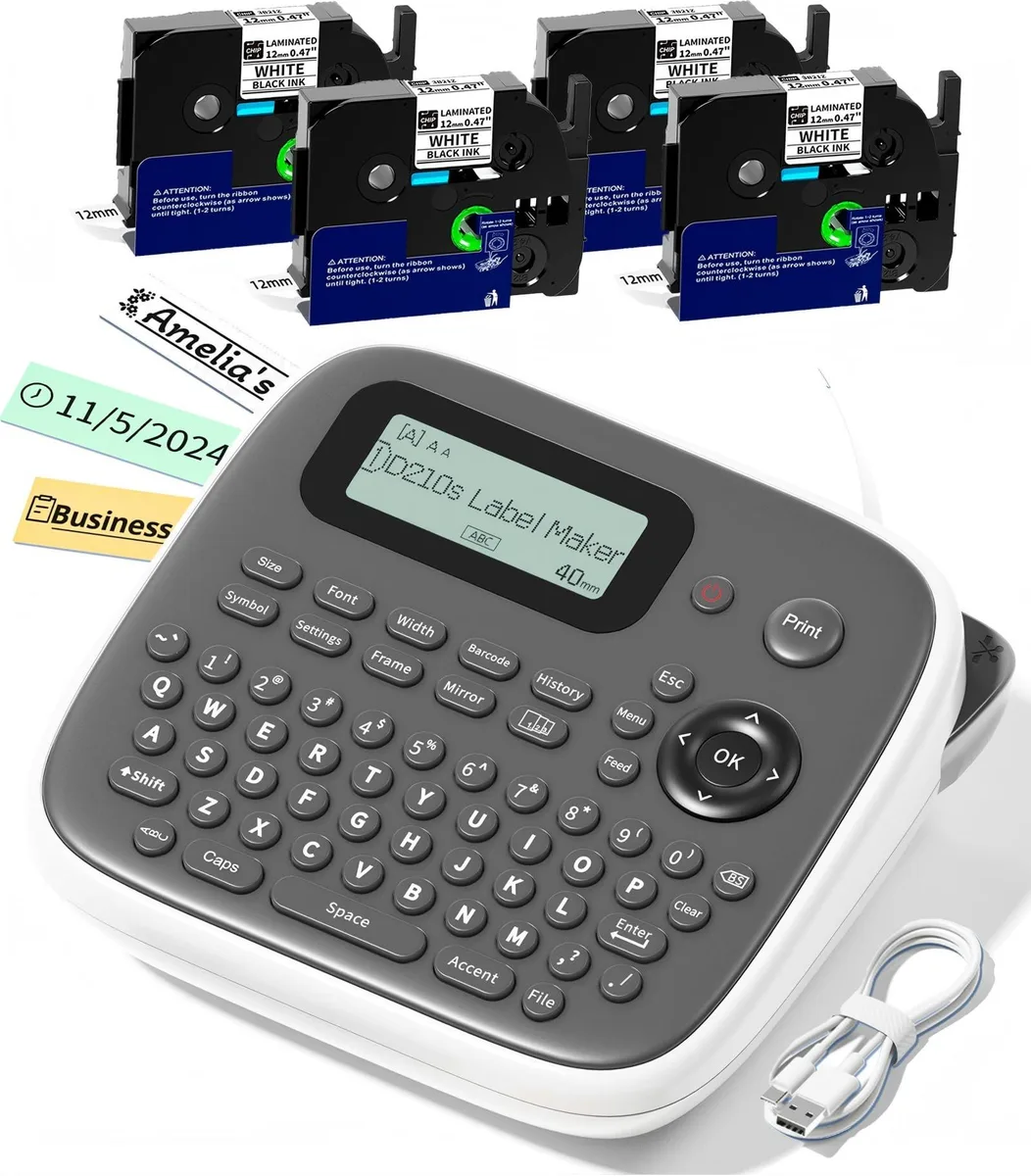 Compact grey desktop label printer with four 12mm tape rolls