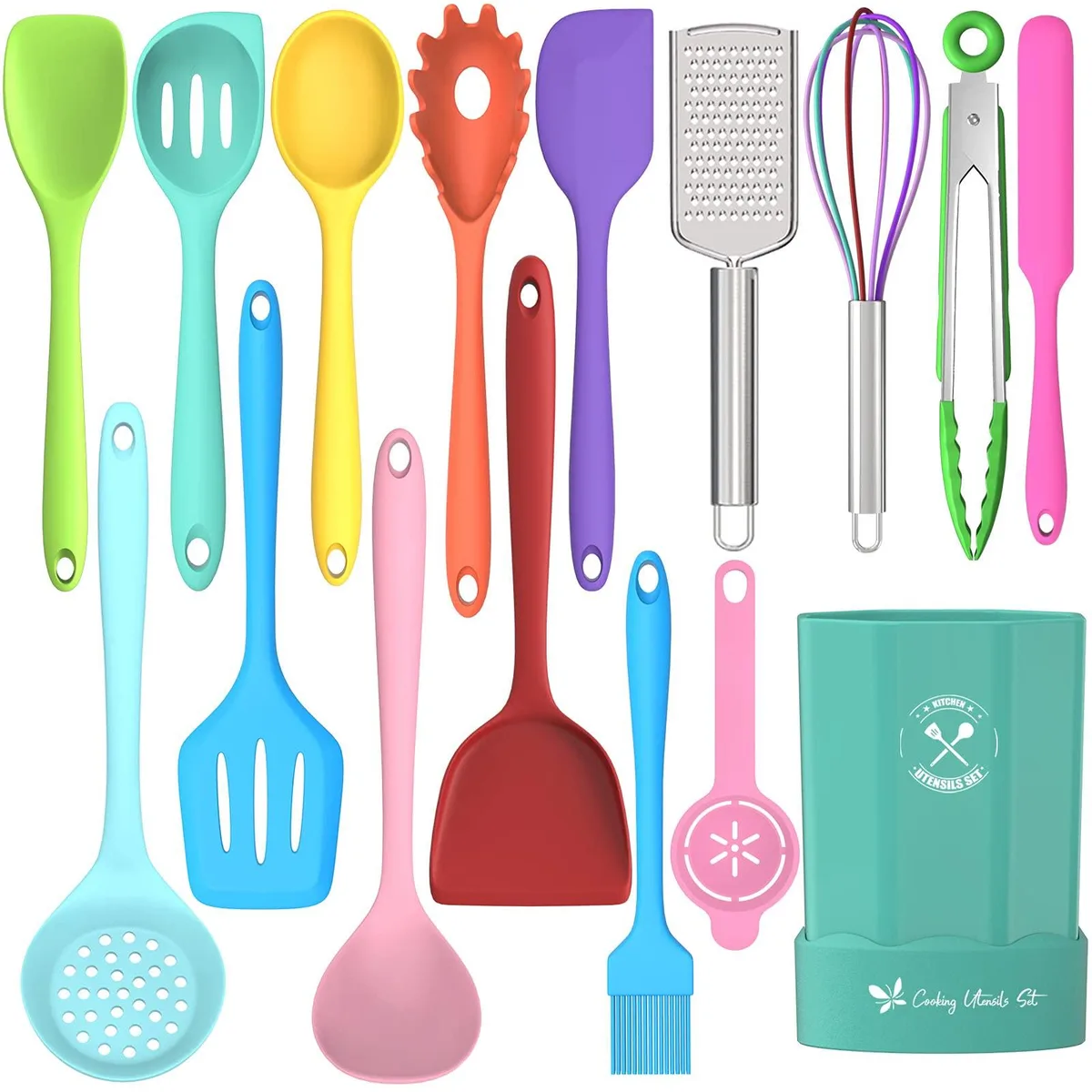 Sixteen silicone cooking tools in various shapes with a countertop holder