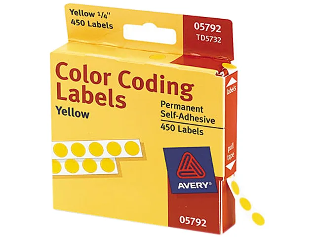 A roll of 450 small yellow round self-adhesive labels in a dispenser pack