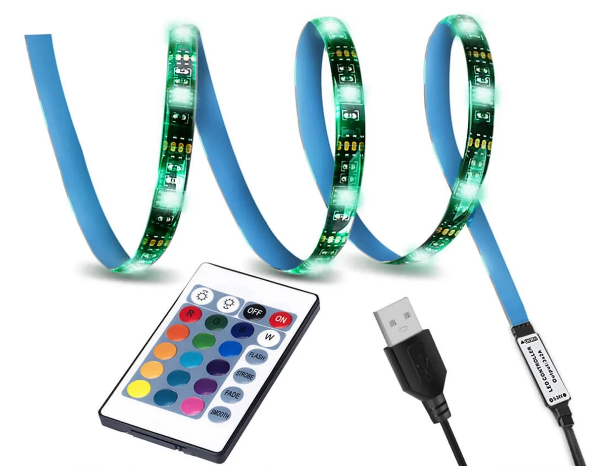 Flexible RGB LED strip with USB plug and remote, waterproof coating, adhesive backing