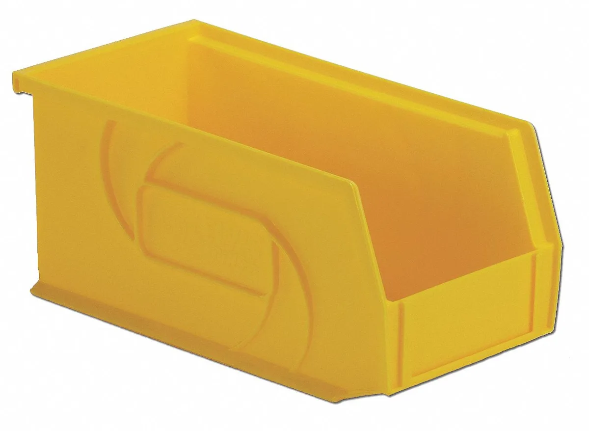 Yellow plastic hang-and-stack storage bin with label holder and divider slot