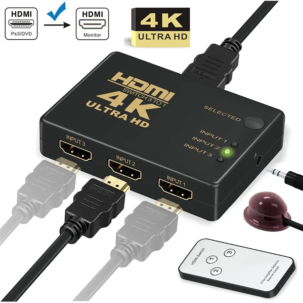LUOM LUOM SLF-HD112 3-port HDMI video switch 4K@30Hz IR remote — product photo