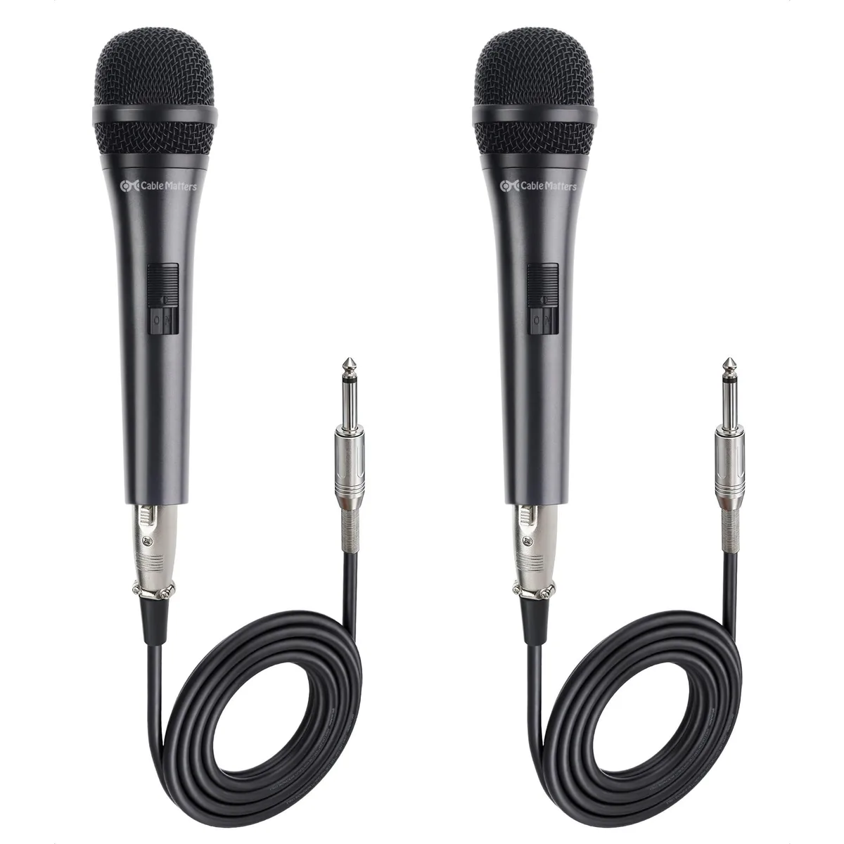 Two black dynamic microphones with 15ft cables and 6.35mm plugs