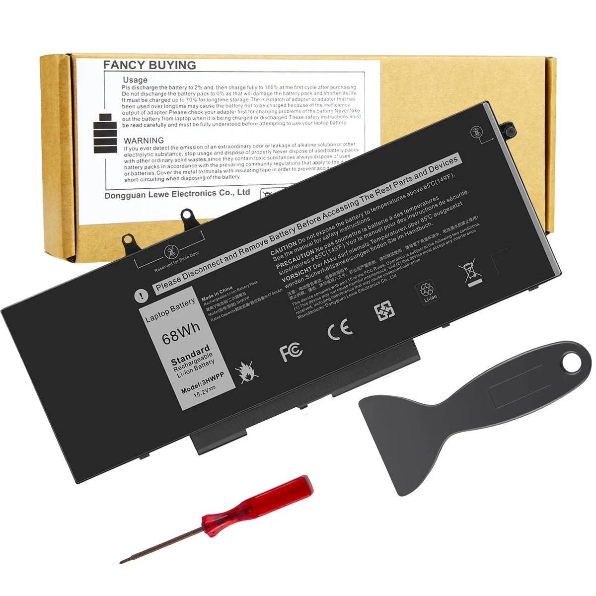 Black rectangular 4-cell lithium-ion laptop battery with label showing 68Wh 15.2V