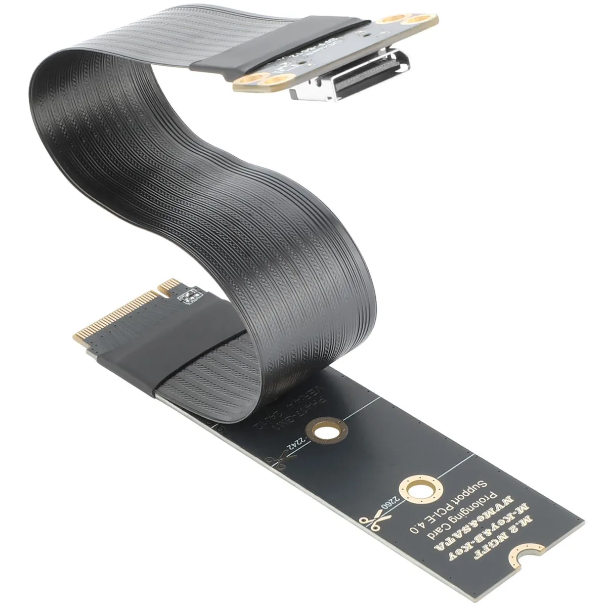 Black rectangular M.2 to OCuLink adapter board 17 cm long with 15 cm flex cable