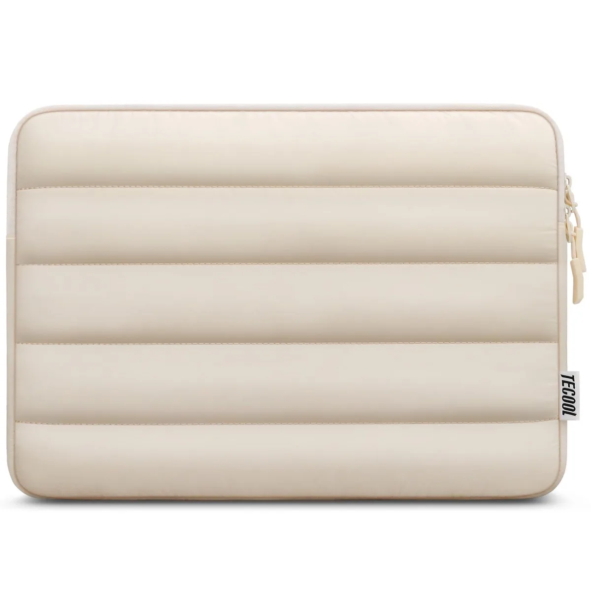 Beige quilted polyester laptop sleeve, soft padded exterior with velvety lining, fits 15.6 inch notebooks