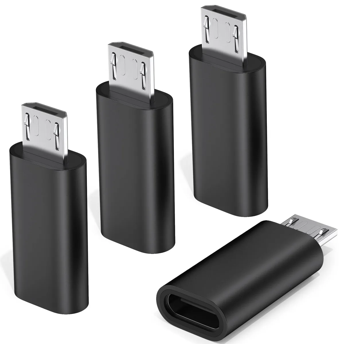 Four small black USB-C female to Micro USB male adapters with aluminum shells